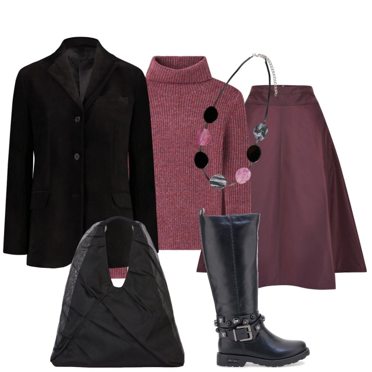 Outfit donna - In città con Doppelganger. Stile Bon Ton per Tutti i giorni. Abbinamento con maglieria, stivali sopra il ginocchio, gonne, blazer, shopping bag, collane.