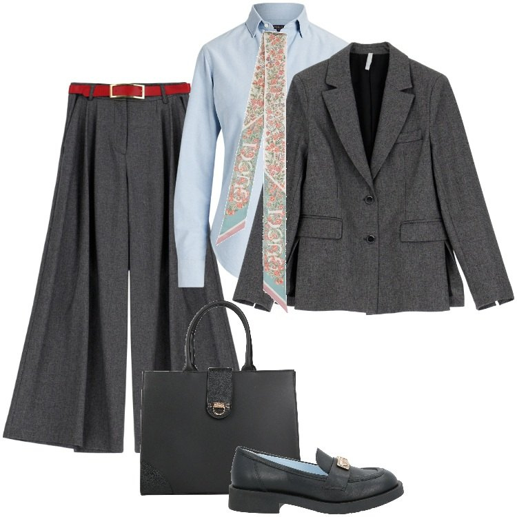 Outfit donna - Total look #1998141. Stile Trendy per Ufficio. Abbinamento con borse a mano, mocassini, pantaloni, blazer, camicie, foulard.