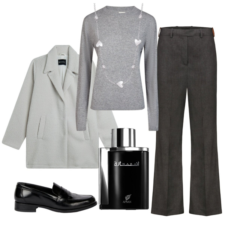 Outfit donna - Un tocco di femminilità. Stile Mannish per Tutti i giorni. Abbinamento con profumi, collane, cappotti, pantaloni, maglieria, mocassini.