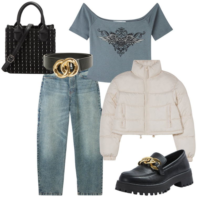 Outfit donna - Total look #1998144. Stile Casual per Tutti i giorni. Abbinamento con t-shirt, jeans, mocassini, blazer, cinture, shopping bag.