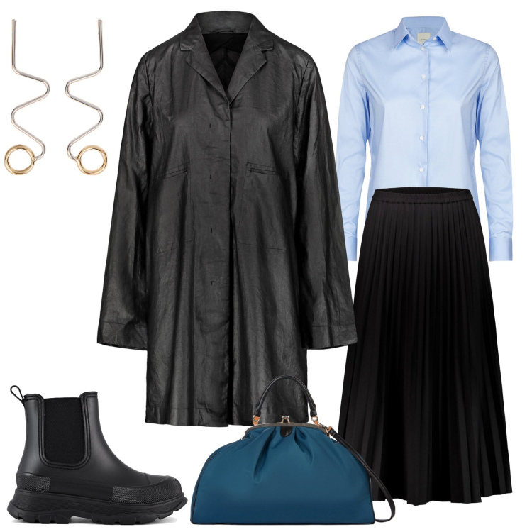 Outfit donna - Soprabito nero!. Stile Casual chic per Serata fuori. Abbinamento con gonne lunghe, stivali, trench, camicie, orecchini, borse a spalla.