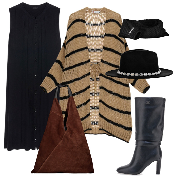 Outfit donna - Casual style. Stile Casual per Tutti i giorni. Abbinamento con cappelli, cardigans, stivali, borse a spalla, vestiti lunghi, sciarpe.