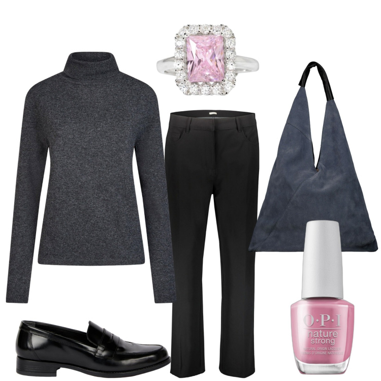 Outfit donna - GrigiO. Stile Bon Ton per Ufficio. Abbinamento con smalti, anelli, pantaloni, maglieria, mocassini, borse a spalla.