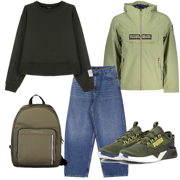 Outfit uomo - Total look #1998164. Stile Urban per Tutti i giorni. Abbinamento con jeans, felpe, sneakers, giacche sportive, borse sportive.