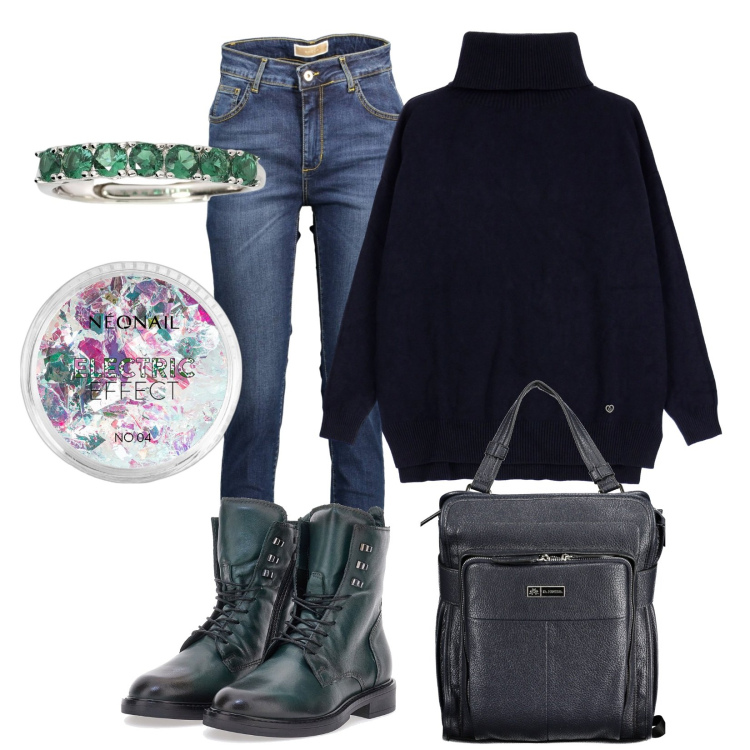 Outfit donna - Total look #1998169. Stile Casual per Tutti i giorni. Abbinamento con ciprie, anelli, maglieria, jeans, anfibi, zaini.