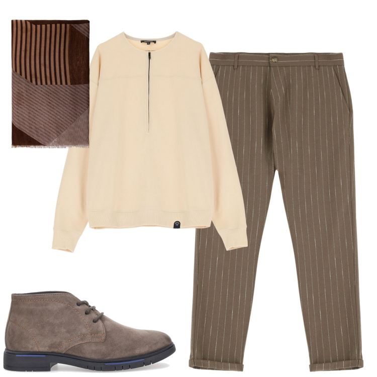 Outfit uomo - City. Stile Trendy per Tutti i giorni. Abbinamento con pantaloni, felpe, sciarpe, scarpe stringate.
