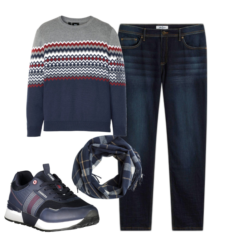 Outfit uomo - City. Stile Casual per Tutti i giorni. Abbinamento con jeans slim fit, maglieria, sciarpe, sneakers.