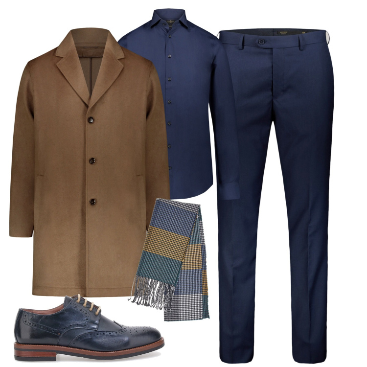Outfit uomo - City. Stile Business/Elegante per Tutti i giorni. Abbinamento con camicie, sciarpe, cappotti, scarpe stringate, pantaloni.