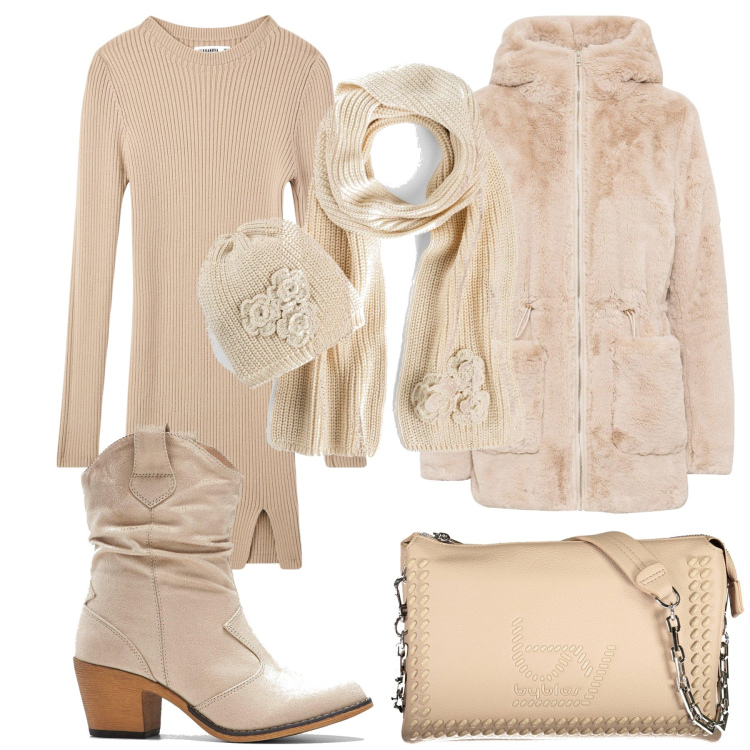 Outfit donna - Total look #1998199. Stile Romantica per Serata fuori. Abbinamento con ecopellicce, stivaletti texani, sciarpe, vestiti lunghi, borse a spalla.