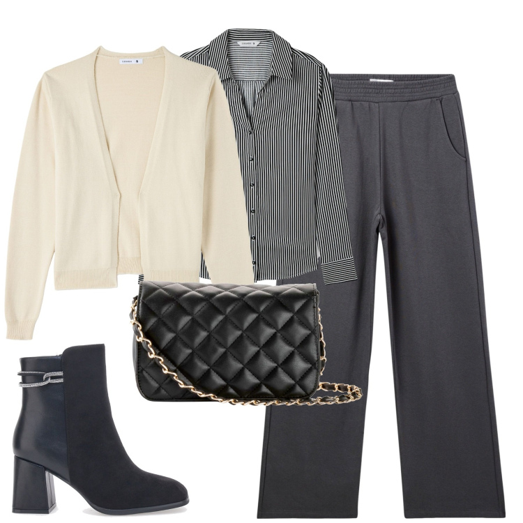 Outfit donna - City. Stile Chic per Tutti i giorni. Abbinamento con borse a tracolla, pantaloni, cardigans, camicie, stivaletti.