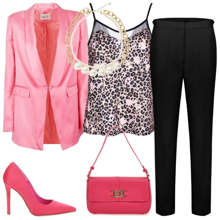 Outfit donna - Rosa shocking. Stile Glamour per Serata fuori. Abbinamento con top, blazer, collane, pantaloni, décolleté, borse a spalla.
