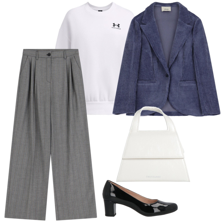 Outfit donna - La borsa bianca in inverno. Stile Basic per Ufficio. Abbinamento con borse a mano, décolleté, pantaloni, blazer, felpe.