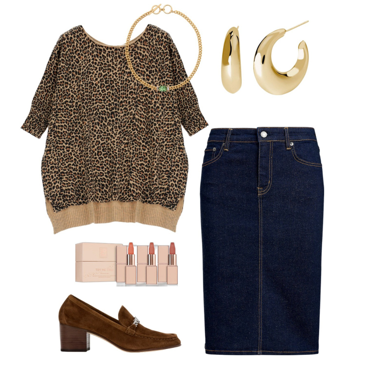 Outfit donna - Leopardato & denim. Stile Casual chic per Tutti i giorni. Abbinamento con rossetti, orecchini, maglieria, gonne, décolleté, collane.