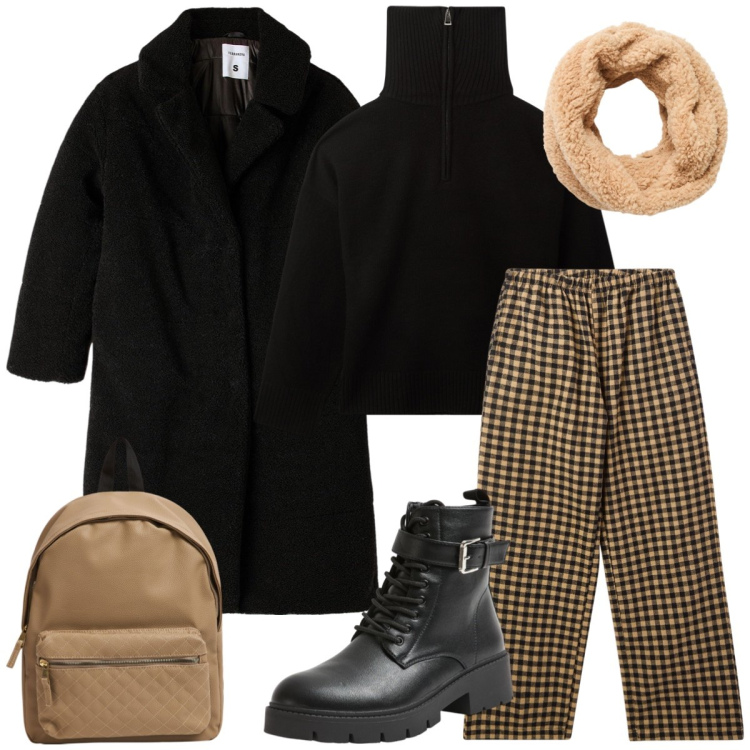 Outfit donna - Total look #1998223. Stile Casual per Scuola/Università. Abbinamento con pantaloni, maglieria, cappotti, sciarpe, zaini, anfibi.