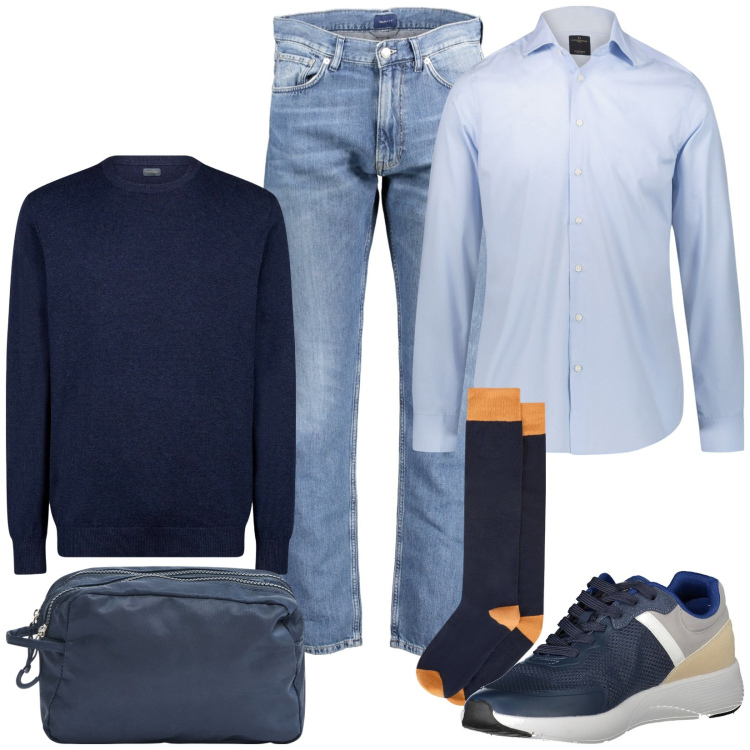 Outfit uomo - Total look #1998225. Stile Casual per Tutti i giorni. Abbinamento con borse sportive, camicie, maglieria, jeans, calzini, sneakers.