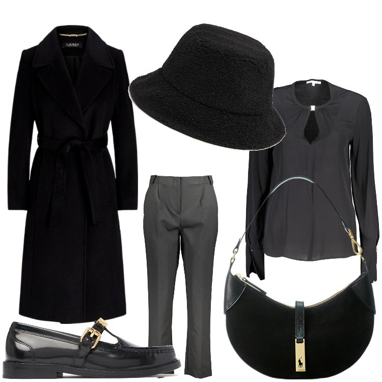 Outfit donna - Miss Mannish. Stile Mannish per Serata fuori. Abbinamento con borse a spalla, cappotti, mocassini, camicie, pantaloni, cappelli.