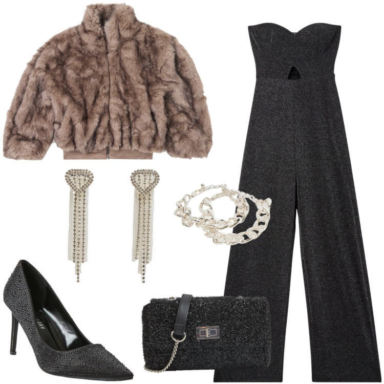 Outfit donna - Total look #1998239. Stile Chic per Serata fuori. Abbinamento con tute, ecopellicce, braccialetti, décolleté, borse a tracolla, orecchini.