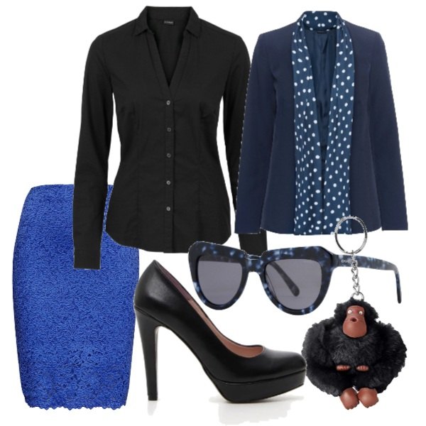 Outfit donna - In ufficio cn stile. Stile Chic per Ufficio. Abbinamento con camicie, blazer, occhiali da sole fantasia montatura in plastica, gonna con pizzo aderente blu, décolleté con plateau nero, portachiavi.