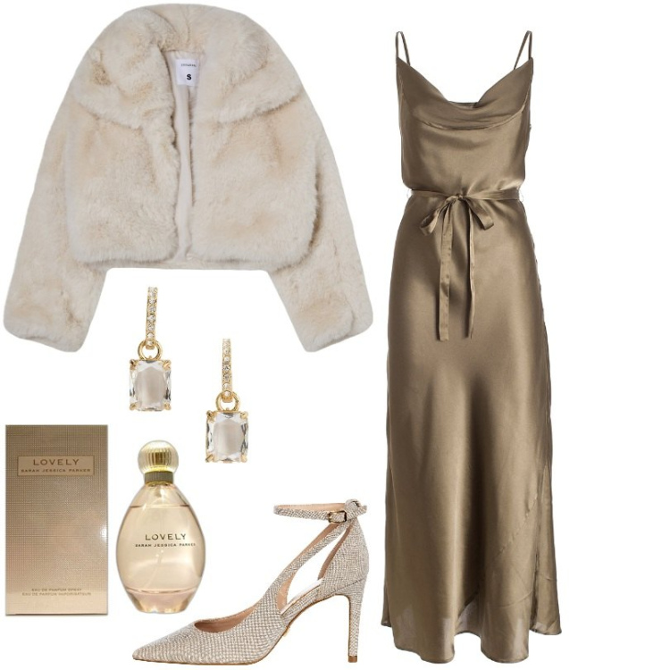 Outfit donna - Passione per la moda. Stile Glamour per Serata fuori. Abbinamento con profumi, blazer, décolleté, vestiti lunghi, orecchini.