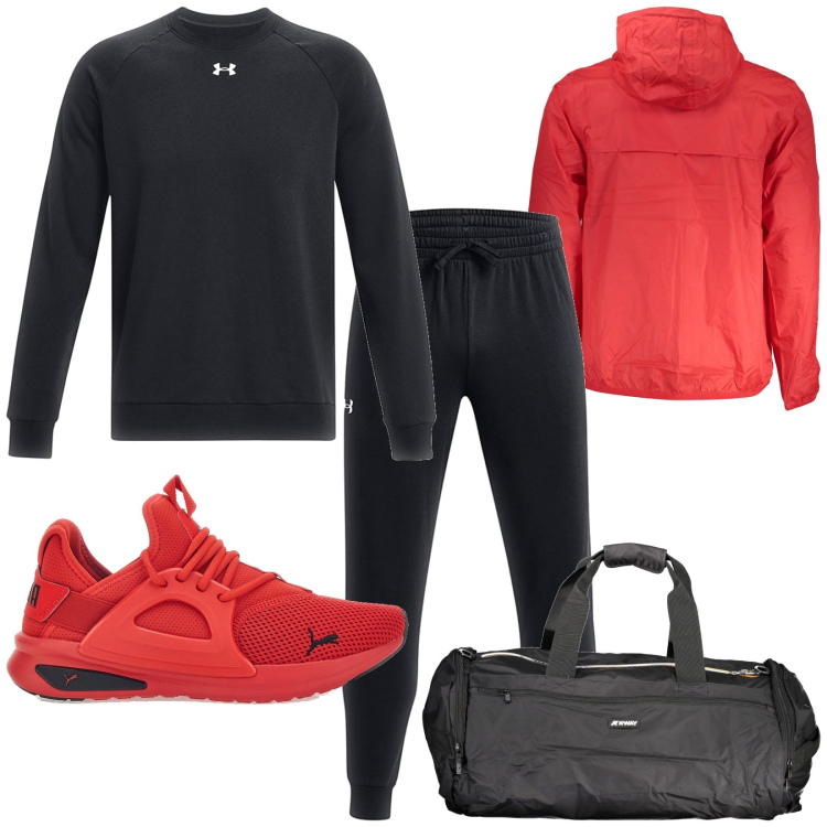 Outfit uomo - Total look #1998256. Stile Casual per Sport. Abbinamento con sneakers, pantaloni, felpe, borse sportive, giacche sportive.