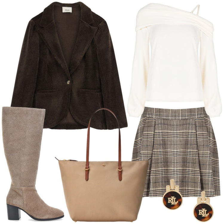 Outfit donna - Total look #1998259. Stile Casual chic per Tutti i giorni. Abbinamento con bluse, minigonne, blazer, orecchini, borse tote, stivali.