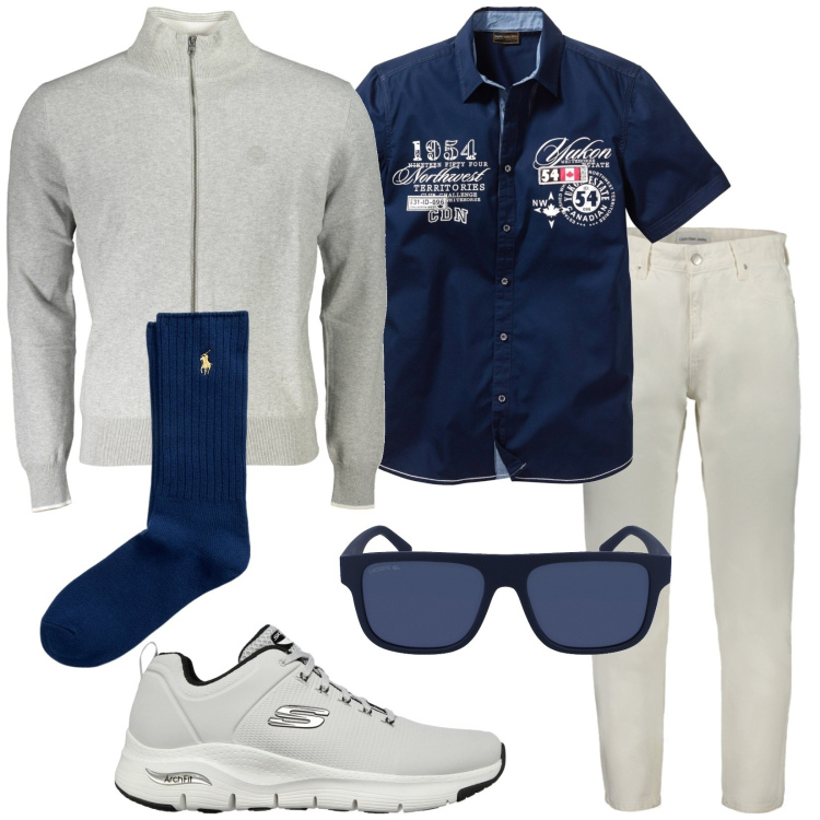 Outfit uomo - Quando vuoi. Stile Trendy per Tutti i giorni. Abbinamento con camicie a manica corta, calzini, sneakers, jeans, cardigans, occhiali da sole.