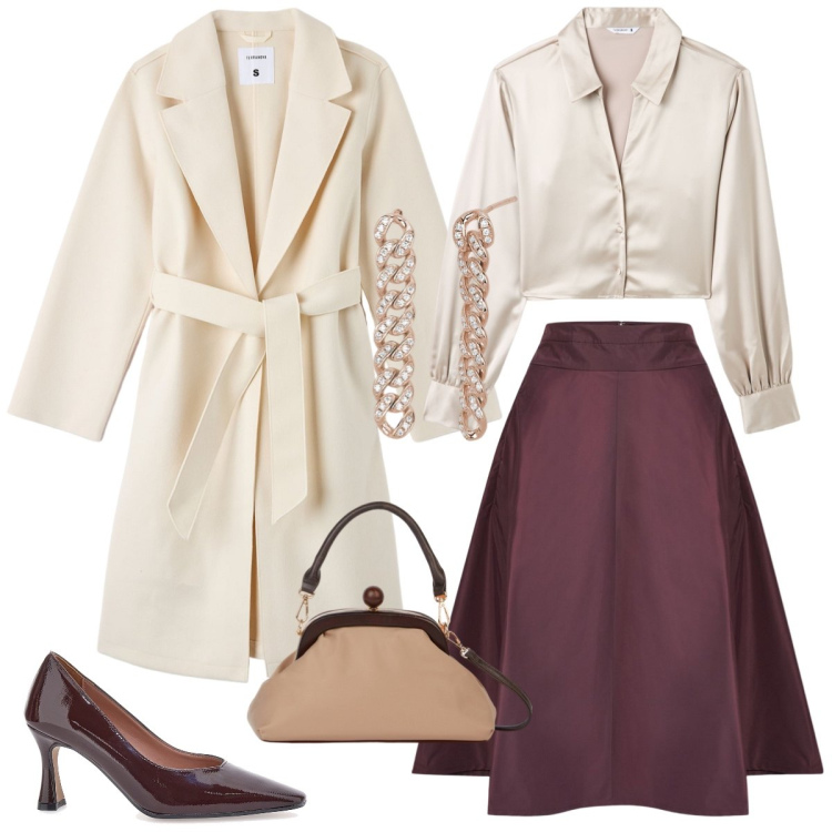 Outfit donna - Total look #1998269. Stile Chic per Cerimonia. Abbinamento con cappotti, camicie, orecchini, décolleté, gonne, clutch.