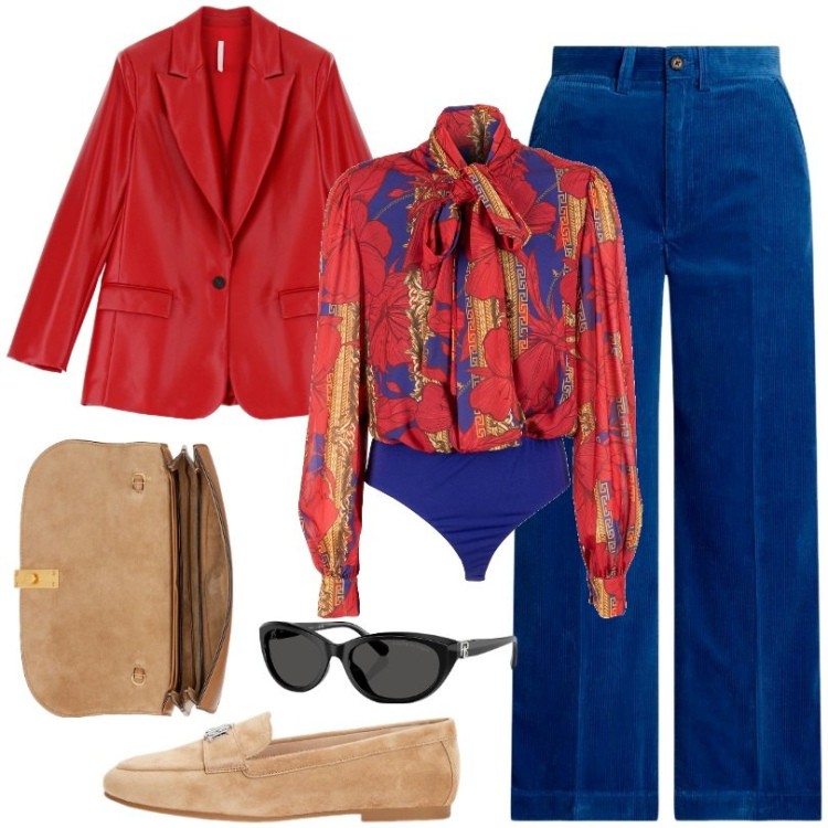 Outfit donna - Mocassini in camoscio. Stile Trendy per Serata fuori. Abbinamento con body, blazer, mocassini, occhiali da sole, clutch, pantaloni.