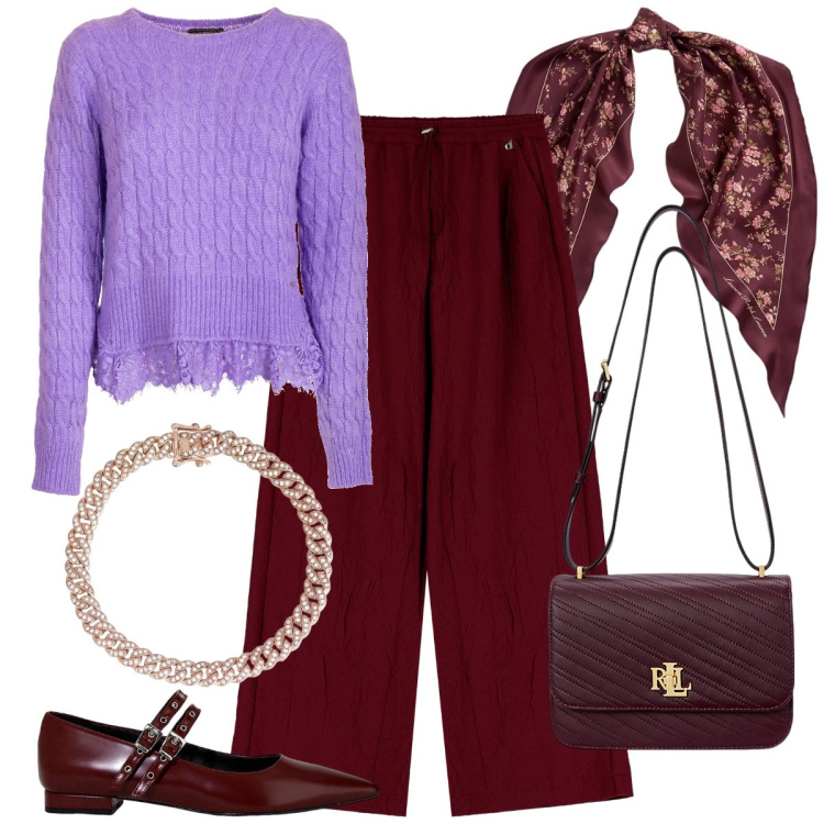 Outfit donna - Lilla e bordeaux per l\'autunno. Stile Casual chic per Ufficio. Abbinamento con braccialetti, maglieria, pantaloni, ballerine, foulard, borse a spalla.