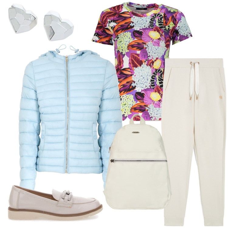 Outfit donna - Total look #1998279. Stile Casual per Tutti i giorni. Abbinamento con piumini, orecchini, zaini, pantaloni, mocassini, t-shirt.