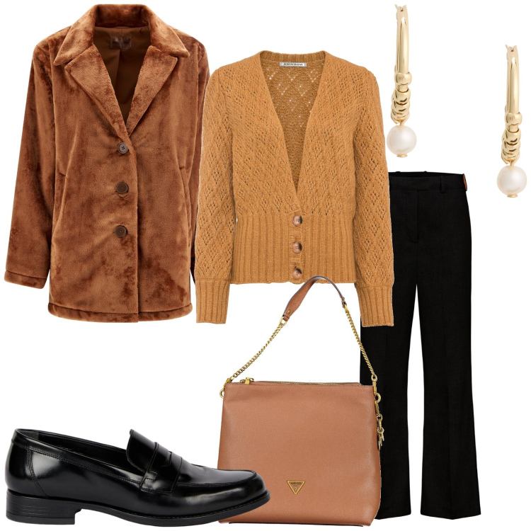 Outfit donna - Un abbraccio caldo. Stile Glamour per Tutti i giorni. Abbinamento con cardigans, cappotti, orecchini, pantaloni, borse a tracolla, mocassini.
