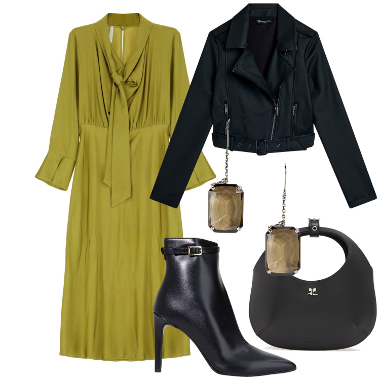 Outfit donna - Niente male!. Stile Chic per Serata fuori. Abbinamento con vestiti midi/longuette, stivaletti, giacche, orecchini, borse a mano.