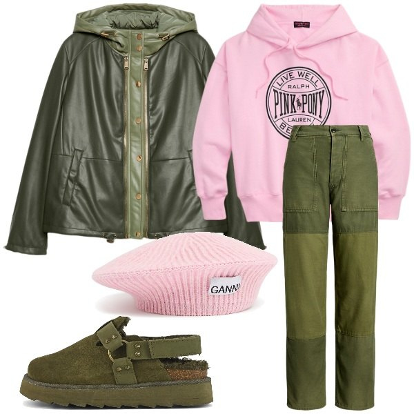 Outfit donna - Verde e rosa. Stile Casual per Tutti i giorni. Abbinamento con felpe con cappuccio, pantaloni, sabot, berretti, blazer.