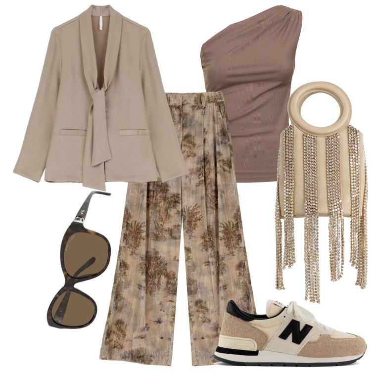 Outfit donna - Total look #1998306. Stile Sporty chic per Tutti i giorni. Abbinamento con borse a secchiello, sneakers, blazer, pantaloni, occhiali da sole, top.