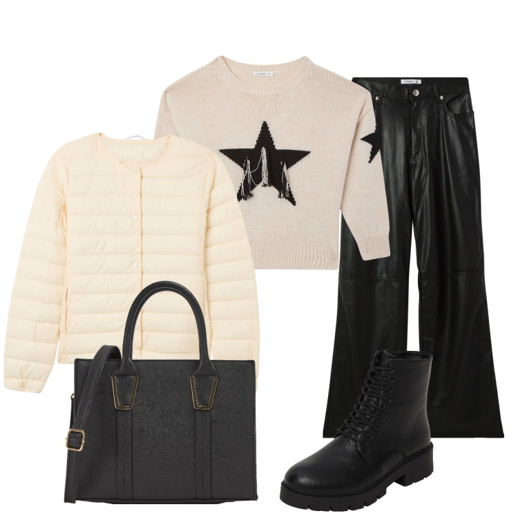 Outfit donna - Serata….rock. Stile Rock per Serata fuori. Abbinamento con maglieria, pantaloni, shopping bag, anfibi, piumini.