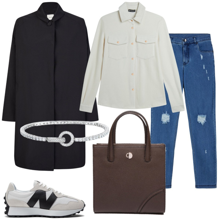 Outfit donna - Casual in jeans. Stile Casual per Tutti i giorni. Abbinamento con braccialetti, sneakers, camicie, jeans skinny, trench, shopping bag.