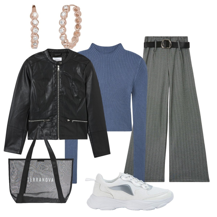 Outfit donna - In città. Stile Sporty chic per Tutti i giorni. Abbinamento con maglieria, pantaloni, sneakers, blazer, shopping bag, orecchini.