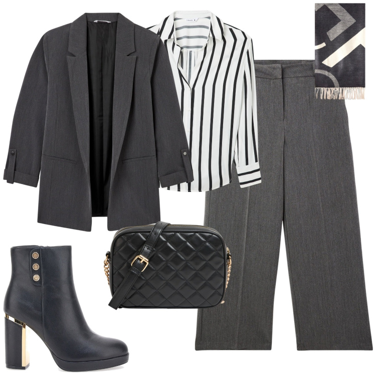 Outfit donna - In ufficio. Stile Trendy per Ufficio. Abbinamento con borse a tracolla, pantaloni, camicie, blazer, stivaletti, sciarpe.