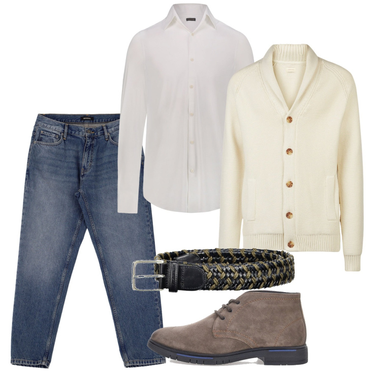Outfit uomo - Ecrù e denim. Stile Casual per Tutti i giorni. Abbinamento con jeans, scarpe stringate, cardigans, cinture, camicie.