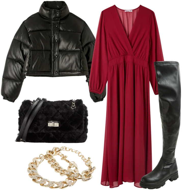 Outfit donna - Terranova - Black Friday. Stile Chic per Serata fuori. Abbinamento con vestiti lunghi, piumini, stivali, borse a spalla, braccialetti.