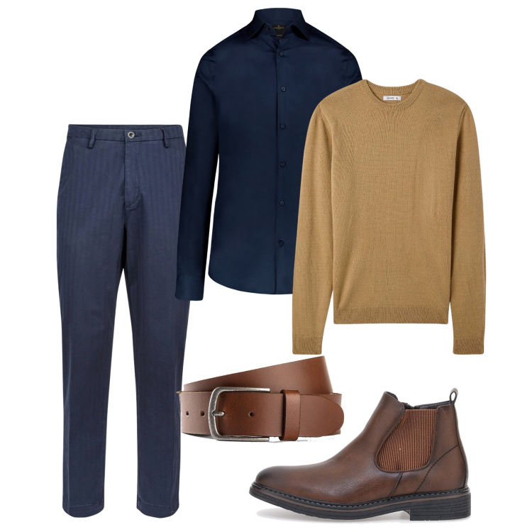 Outfit uomo - Blu e biscotto. Stile Casual per Tutti i giorni. Abbinamento con cinture, maglieria, camicie, pantaloni, stivali e stivaletti.