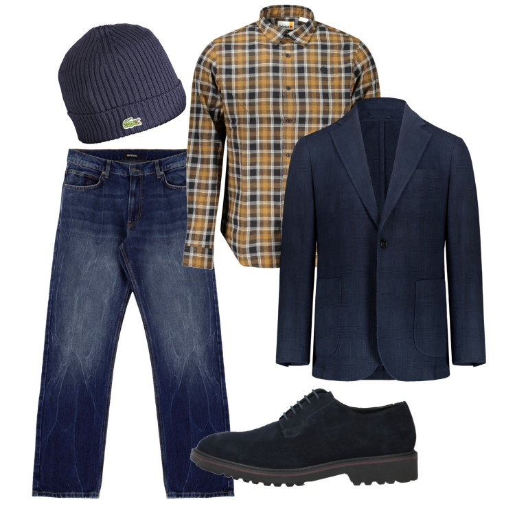 Outfit uomo - Casual in giacca. Stile Casual per Tutti i giorni. Abbinamento con scarpe stringate, jeans dritti, giacche, camicie, berretti.