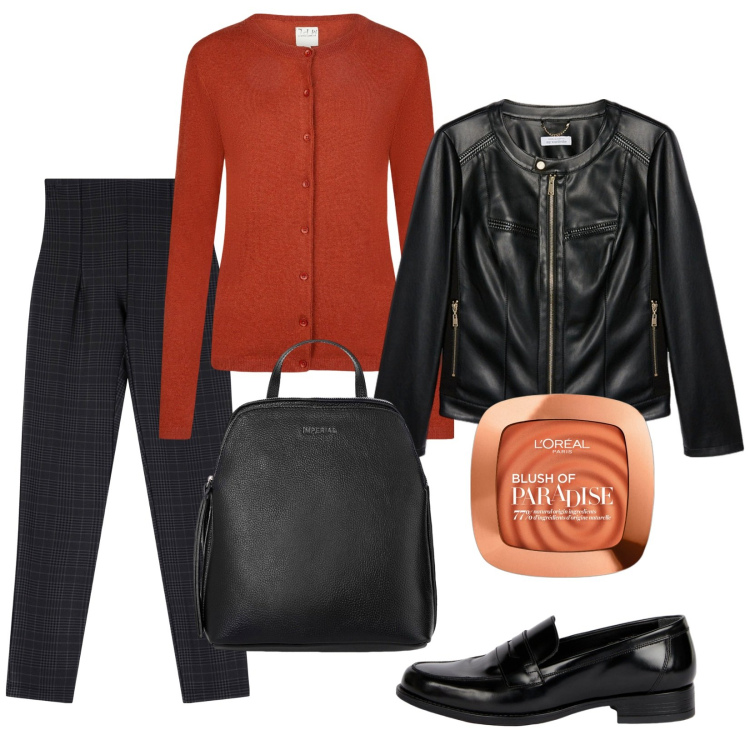 Outfit donna - Ruggine. Stile Casual chic per Tutti i giorni. Abbinamento con blazer, blush, zaini, pantaloni, cardigans, mocassini.