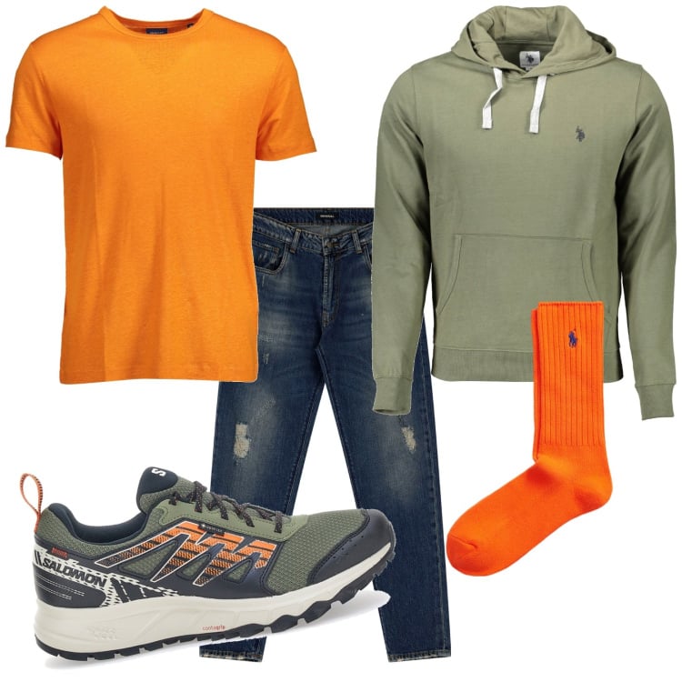 Outfit uomo - Ti chiamo tra poco. Stile Casual per Tutti i giorni. Abbinamento con jeans dritti, calzini, scarpe sportive, felpe con cappuccio, t-shirt.