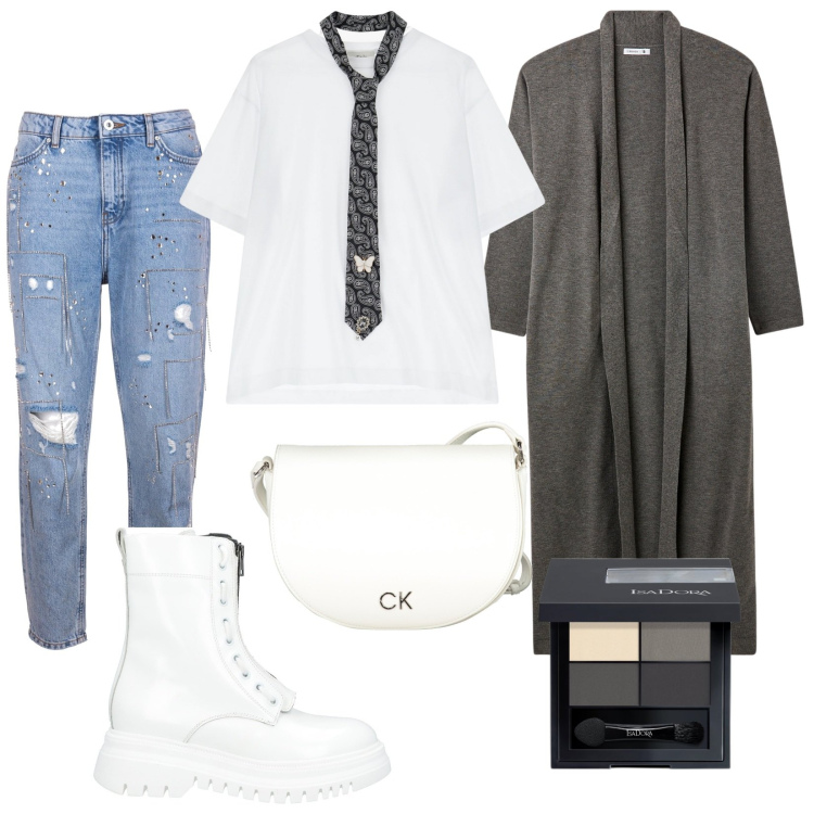 Outfit donna - Tu come stai oggi?. Stile Trendy per Tutti i giorni. Abbinamento con stivaletti, ombretti, cardigans, jeans boyfriend, t-shirt, borse a tracolla.