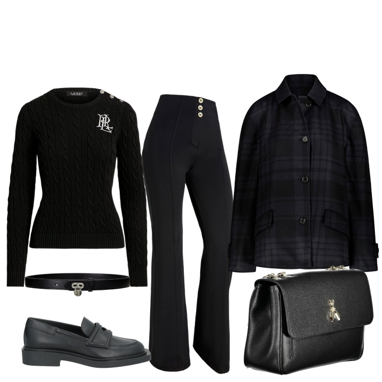 Outfit donna - Un sabato relax. Stile Basic per Tutti i giorni. Abbinamento con mocassini, pantaloni, maglieria, cinture, blazer, borse a spalla.