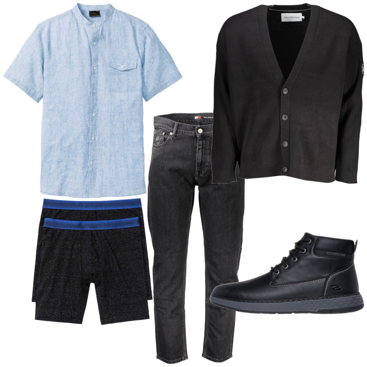 Outfit uomo - Un po\' di fresco. Stile Casual per Tutti i giorni. Abbinamento con camicie a manica corta, boxer, stivali e stivaletti, cardigans, jeans.