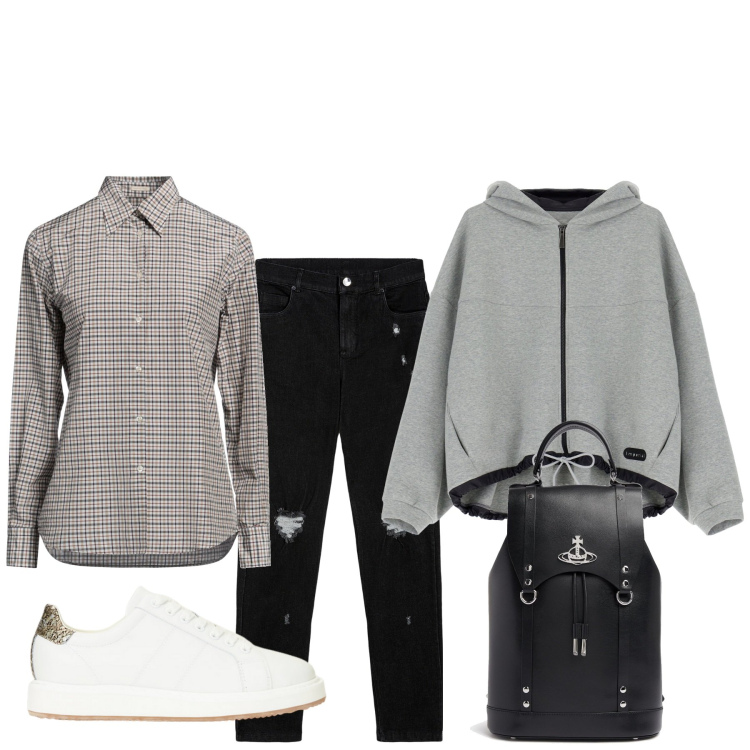 Outfit donna - Col jeans strappato. Stile Basic per Tutti i giorni. Abbinamento con camicie, felpe con cappuccio, jeans skinny, sneakers, zaini.