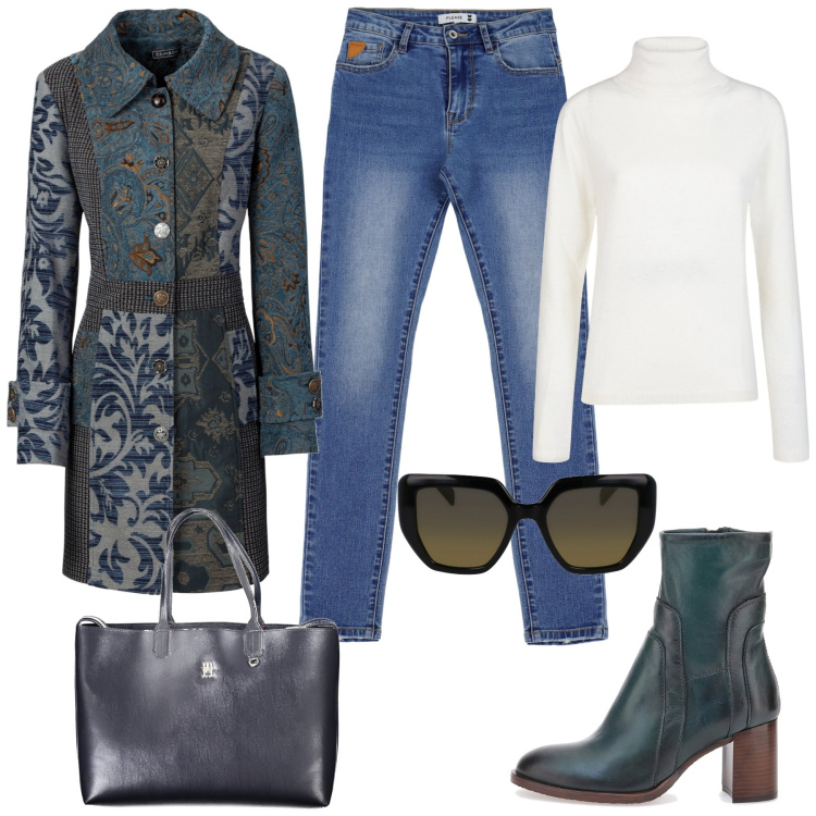 Outfit donna - In città. Stile Casual chic per Tutti i giorni. Abbinamento con cappotti, jeans skinny, stivaletti, borse a spalla, maglieria, occhiali da sole.