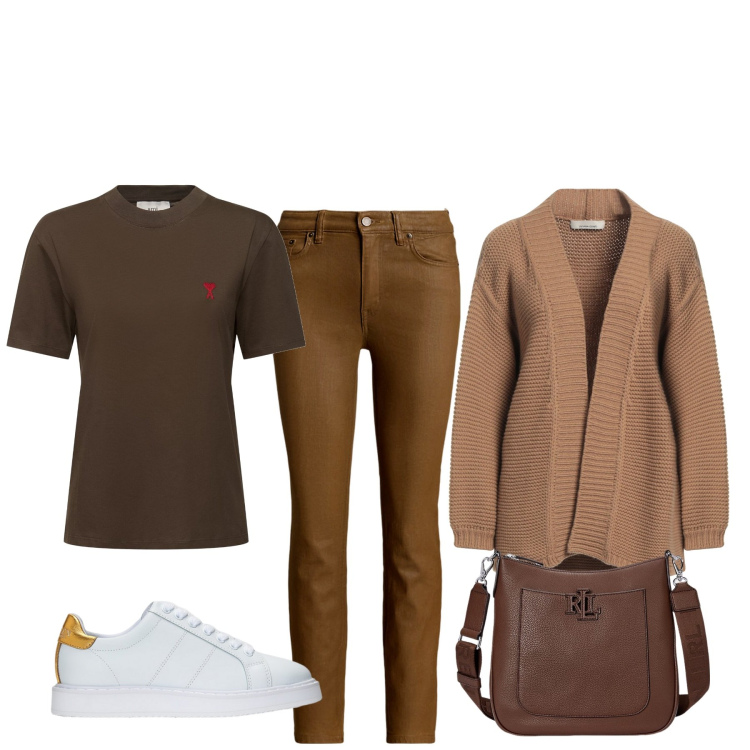 Outfit donna - Passeggiata sul lungomare. Stile Basic per Tutti i giorni. Abbinamento con cardigans, borse a tracolla, sneakers, jeans dritti, t-shirt.